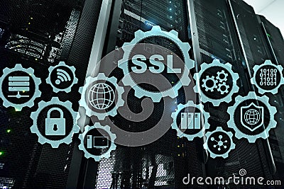 SSL Secure Sockets Layer concept. Cryptographic protocols provide secured communications. Server room background. Stock Photo