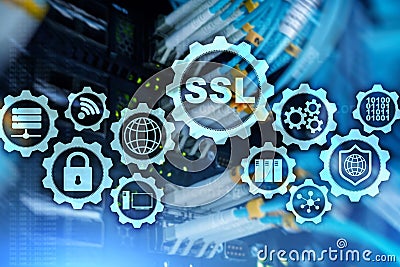 SSL Secure Sockets Layer concept. Cryptographic protocols provide secured communications. Server room background. Stock Photo