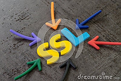 SSL, Secure Sockets Layer concept, multi color arrows pointing to the word SSL at the center of black cement chalkboard wall, Stock Photo