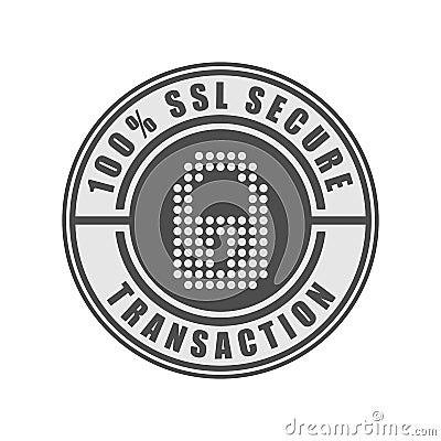 100% SSL secure transaction word and lock symbol on circle badge vector. Minimalist style, simple design, black and gray color. Stock Photo