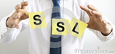 SSL, security certificate for web site written on paper notes in hands of businessman Stock Photo