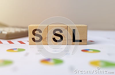 SSL, security certificate for web site written on wooden cube blocks Stock Photo