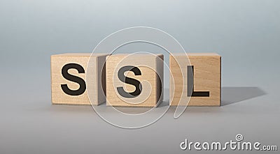 SSL, security certificate for web site written on wooden cube blocks Stock Photo