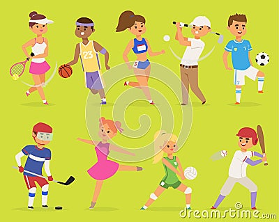 Ssportsmen vector cartoon characters boy and girl people basketball, hockey, baseball, running happy character sport Vector Illustration