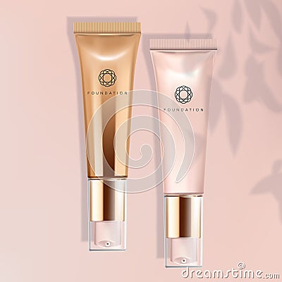 Vector Foundation / Concealer / Serum Metallic / Pearlised Pink Tube in Pink Background Vector Illustration