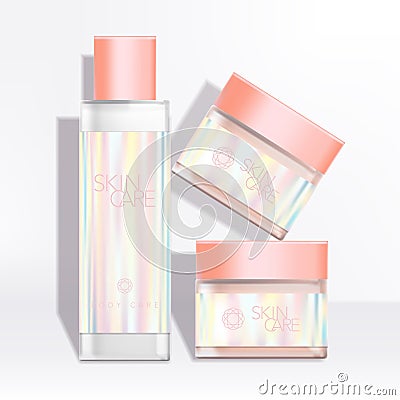 Vector Healthcare / Skincare / Beauty Bottle & Jar Packaging with Holographic Label Vector Illustration