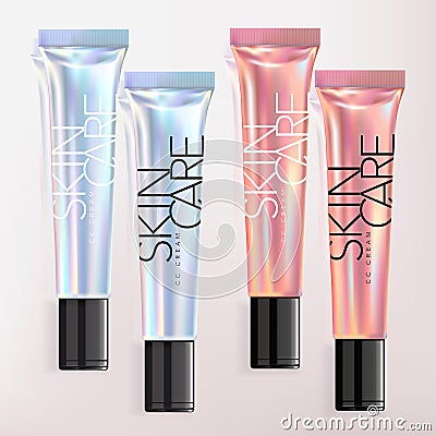 Vector Ultra Slim Holographic Tube Lipgloss CC Cream Foundation Beauty Makeup Skincare Medical Packaging Vector Illustration