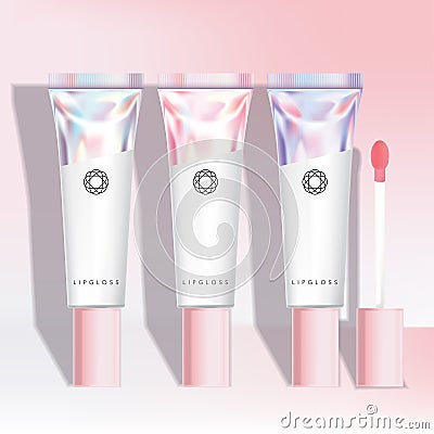 Vector Pink Cap Beauty Unicorn Mermaid Theme Lip Gloss / Tint / Stain Simple Design Tube in Holographic Tube Packaging Vector Illustration