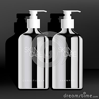 Vector Mens SKincare Healthcare Toiletries Beauty Haircare Bodycare Chrome Silver Pump Bottle in Dark Black Background Vector Illustration