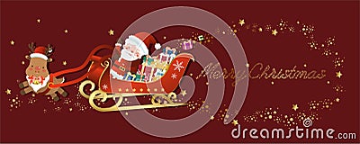 Santa Claus driving a sleigh full of gifts and Merry Christmas written by stars on a red background Vector Illustration