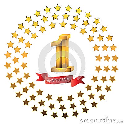 1st anniversary year celebration logotype. Logo gold numbers and ribbon white background Vector Illustration