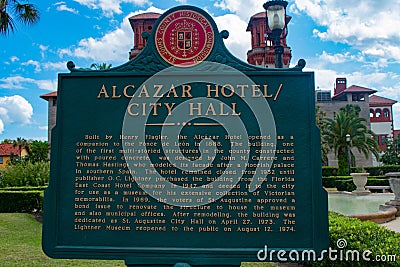 Alcazar Hotel sign in Lightner Museum area at Florida`s Historic Coast. Editorial Stock Photo