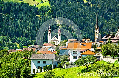 St. Barbara and Assumption Churches at Fliess village, Austria Stock Photo