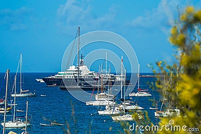 The 371 ft Le Grand Bleu superyacht anchored off Gustavia, the capital of Saint Barthelemy Editorial Stock Photo