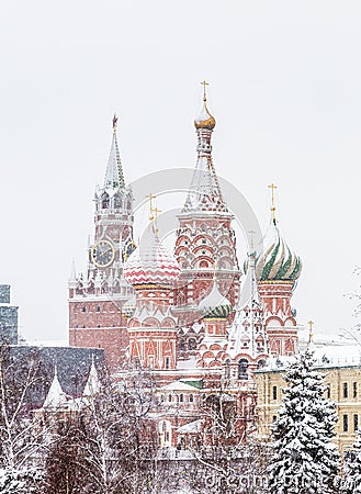 St. Basil Cathedral seen through the snow. Red Square, Moscow, Russia Stock Photo