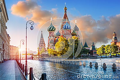 St. Basil`s Cathedral with lanterns on Red Square Editorial Stock Photo