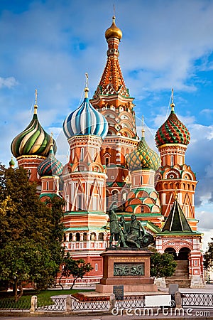 St. Basil's Cathedral and Minin and Pozhardky monument in Moscow Stock Photo