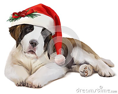 St. Bernard`s dog in Santa`s hat. Watercolor painting Stock Photo