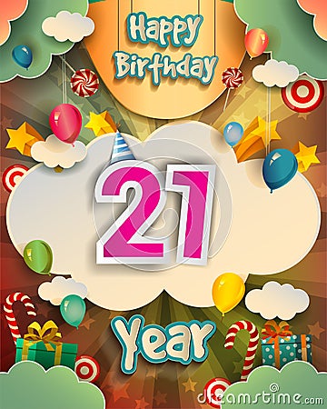 21st Birthday Celebration greeting card Design, with clouds and balloons. Vector elements for anniversary celebration Vector Illustration