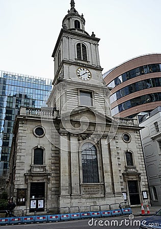 St Botolph-without-Bishopsgate, an Anglican Church close to Liverpool St Station, London. Editorial Stock Photo