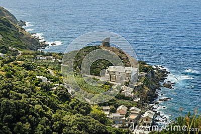 Convent and Genoese tower at Marine de Scalo in Corsica Stock Photo