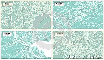 St. Gallen, Lucerne, Lausanne and Lugano Switzerland City Maps in Retro Style Stock Photo