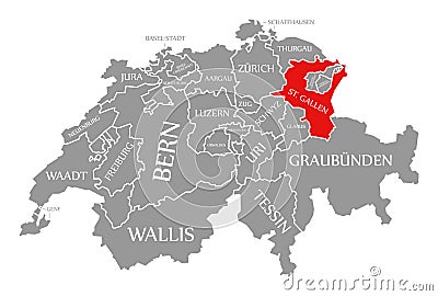 St Gallen red highlighted in map of Switzerland Cartoon Illustration