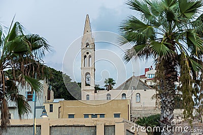 St. George Church, a Greek-Orthodox church, located near the southern entrance to Old Jaffa, and is known for its tall bell tower Stock Photo