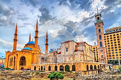 St. George Maronite Cathedral and the Mohammad Al-Amin Mosque in Beirut, Lebanon Stock Photo