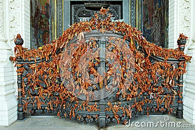 St. George's ribbons on the gates of the Cathedral. Stock Photo