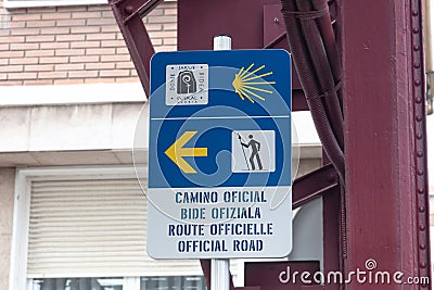 St James Way sign at UNESCO listed Biscay bridge in Portugalete Editorial Stock Photo