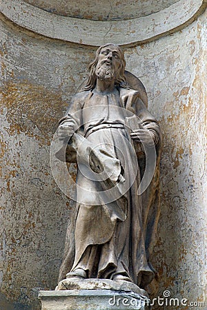 St Joachim statue on the facade of Franciscan Church of Saint Catherine of Alexandria in Krapina, Croatia Stock Photo