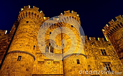 St John knights castle at Rhodes island, Greece. main entrance to the castle city of Rhodes, night Stock Photo