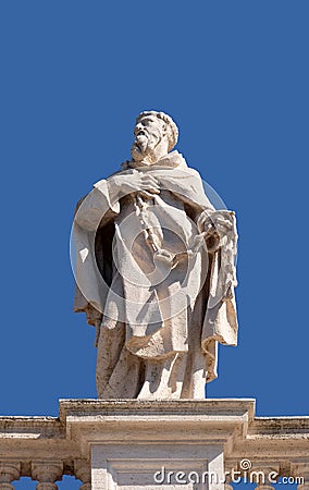 St. John of Matha, fragment of colonnade of St. Peters Basilica. Papal Basilica of St. Peter in Vatican, Rome. Stock Photo