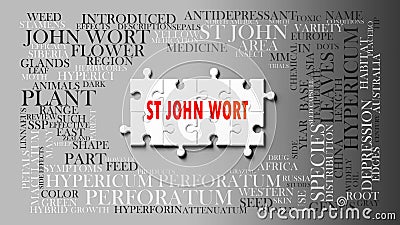 St john wort - a complex subject, related to many concepts. Pictured as a puzzle and a word cloud made of most important ideas and Stock Photo