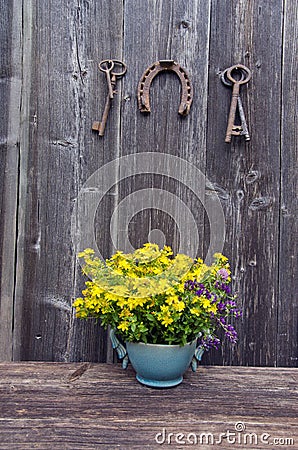 St Johns wort medical flowers in vase and antique horseshoe with key Stock Photo