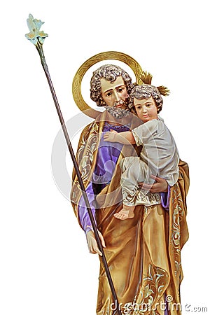 St Joseph holding the Christ child statue isolated Stock Photo