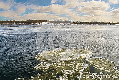 Montreal Frozen St Lawrence seaway with Ste Helen island Stock Photo