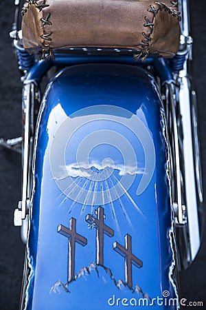 St Louis, Missouri United States - circa 2016 - three religious crosses painted on motorcycle back fender Editorial Stock Photo