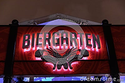 A Biergarten sing and logo on a top of beer tasting pavilion at Anheuser-Busch brewery Editorial Stock Photo