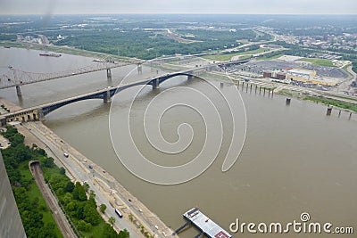 Ariel View of The Eads Bridge and The Martin Luther King Bridge on The Mississippi River. Editorial Stock Photo