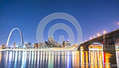 St. louis skyscraper at night with reflection in river,st. louis,missouri,usa Stock Photo