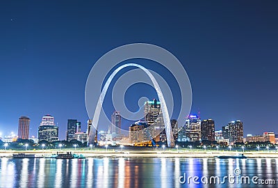 St. louis skyscraper at night with reflection in river,st. louis Stock Photo