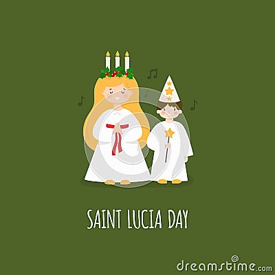 St Lucia Day. Kids wearing traditional costumes. Boy and girl with candles, star, wreath. Vector Vector Illustration