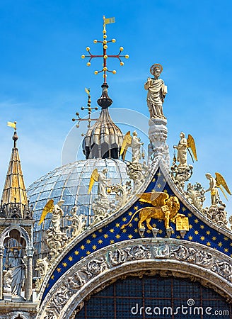 St Mark`s basilica or San Marco closeup, beautiful rooftop on sky background, Venice, Italy. Medieval cathedral is top landmark of Stock Photo