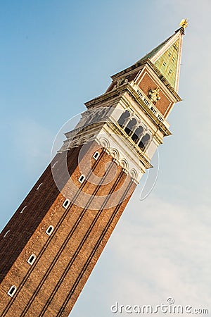 St Mark`s Bell tower of St Mark`s basilica in Venice, Italy. Stock Photo