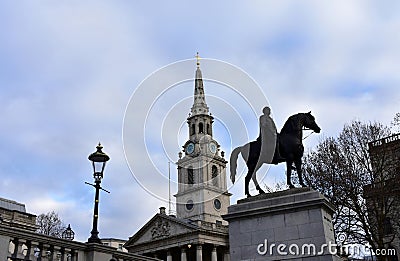 St Martin in the Fields church and Trafalgar Square with George IV equestrian statue. London, United Kingdom. Editorial Stock Photo