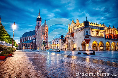 St. Mary`s Basilica on the Krakow Main Square at Dusk, Krakow Stock Photo