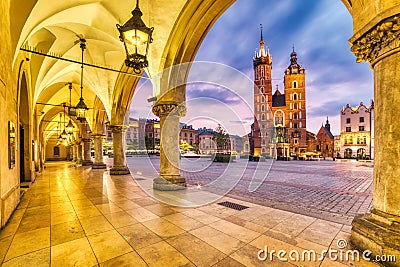 St. Mary`s Basilica on the Krakow Main Square at Dusk, Krakow Stock Photo