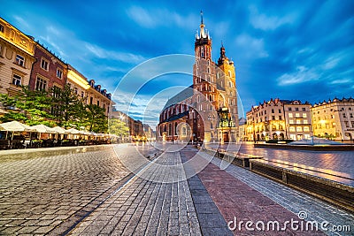 St. Mary`s Basilica on the Krakow Main Square at Dusk, Krakow Stock Photo